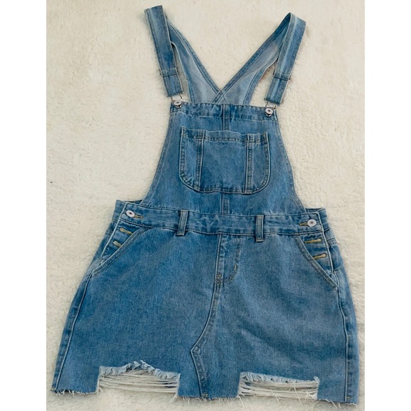 Dresses & Skirts - Distressed Denim Overall Skirt Light Wash Ripped Mini Pinafore Dress Medium